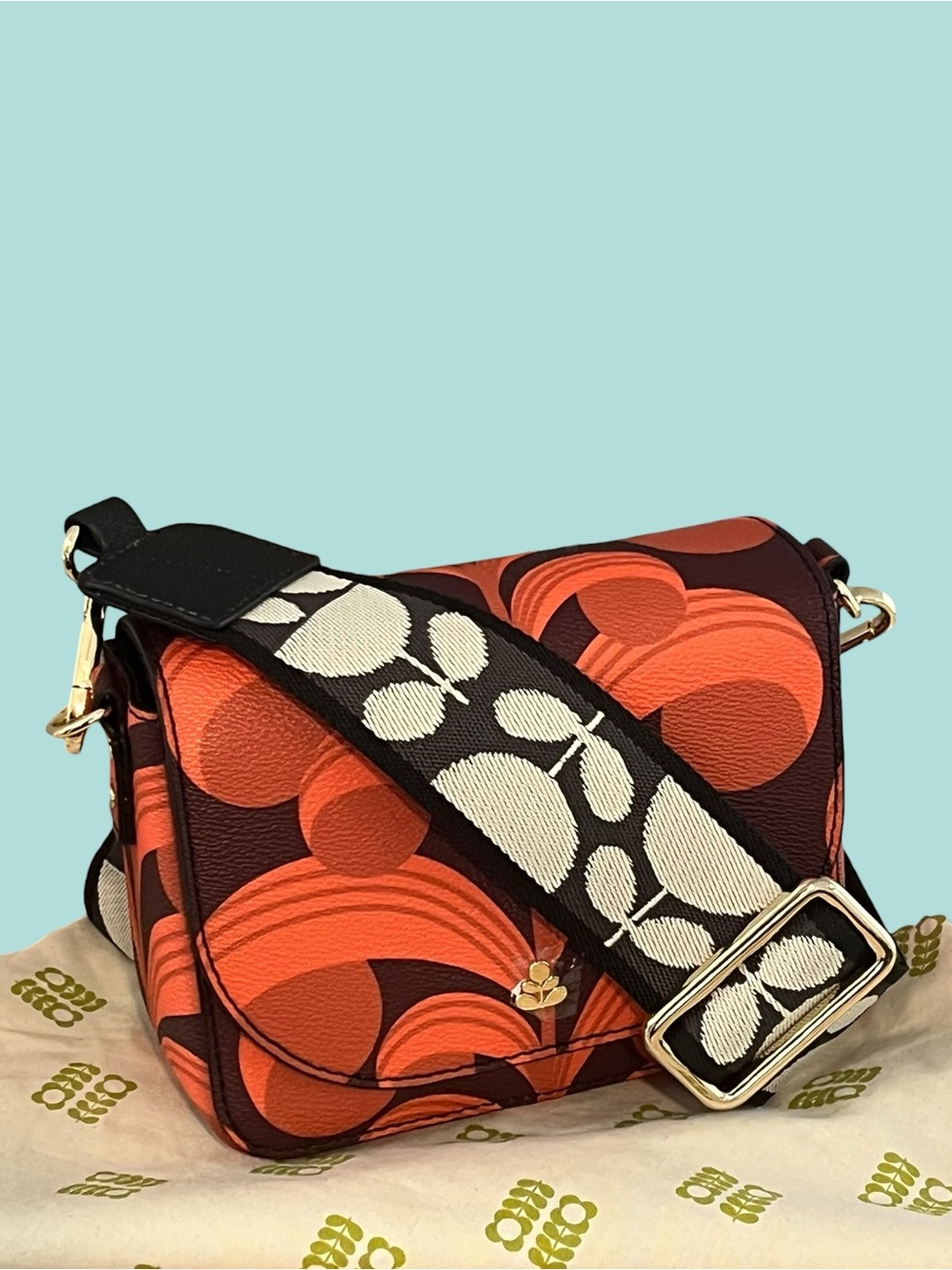 Orla Kiely Vera orange and purple printed pebble-grain mini crossbody bag